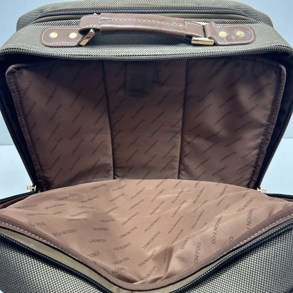 London Fog Rolling Carry On‎ Suitcase Laptop Bag Brown Tweed Spinner Luggage